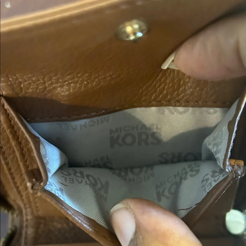 Michael Kors Brown Leather Zip Card Wallet with Gold Plaque